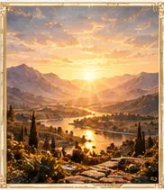 Golden sunrise illuminating a mountain valley with a winding river and layered peaks