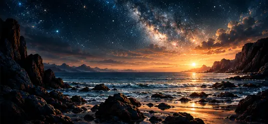 Star-filled night sky above a rocky coastline and ocean illuminated by a golden sunset.