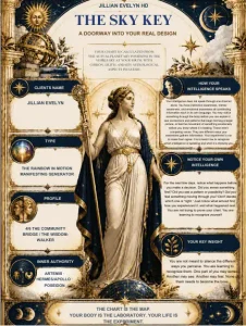 Sky Key True Sidereal Human Design reading by Jillian Evelyn HD, featuring a classical Greek goddess, celestial gold and navy artwork, and personalised sections for Aura Type, Profile, Inner Authority, and individual insights.