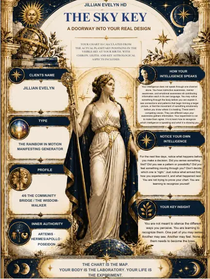 Sky Key True Sidereal Human Design reading by Jillian Evelyn HD, featuring a classical Greek goddess, celestial gold and navy artwork, and personalised sections for Aura Type, Profile, Inner Authority, and individual insights.