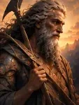 Bearded Kronos holding a scythe against a dramatic bronze and golden sky.