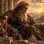 Kronos-like elder seated among ancient ruins beside an hourglass at sunset