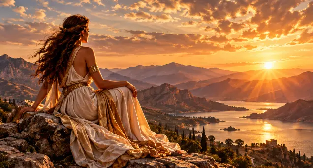 Woman in a flowing white dress seated on a mountain overlooking a vast landscape and lake at sunrise