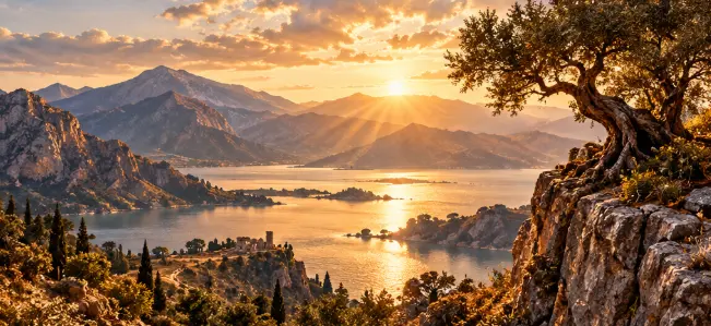 Golden sunrise illuminating a powerful mountain landscape and expansive lake surrounded by rugged cliffs and ancient trees