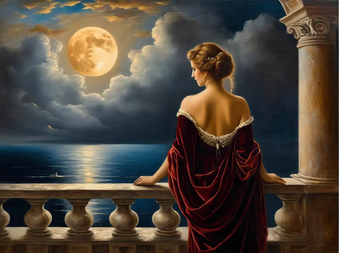 Woman in a red velvet gown with a gold laurel crown, seated on a marble balcony overlooking the Mediterranean Sea at sunset, framed by classical Greek temple columns.