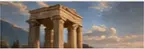Classical Greek temple columns against a golden mountain landscape