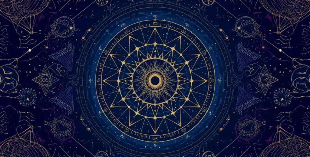 Celestial navy sky with a luminous antique-gold mandala and delicate stars.