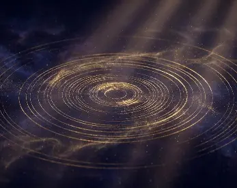 Concentric waves of golden and pale blue light receiving surrounding starlight against a deep navy background.