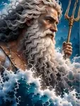 White-haired Poseidon with a flowing beard surrounded by powerful blue ocean waves.