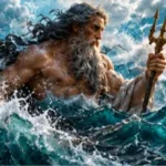 Poseidon-like sea god rising from turbulent waves with a trident