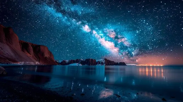 Star-filled midnight sky above a rugged ocean coastline illuminated by a golden horizon.
