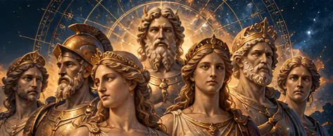 Ancient Greek gods and goddesses gathered beneath a radiant celestial sky, representing the planetary deities and their connection to the Nine Officers of True Sidereal Human Design.