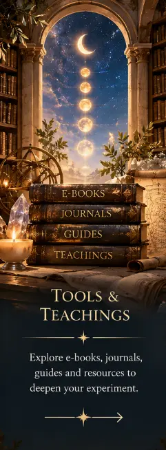 Ancient books labeled E-books, Journals, Guides, and Teachings beneath a celestial archway, representing Tools & Teachings.