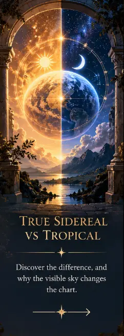 Earth beneath a star-filled sky divided between Sun and Moon imagery, representing True Sidereal versus Tropical Human Design.