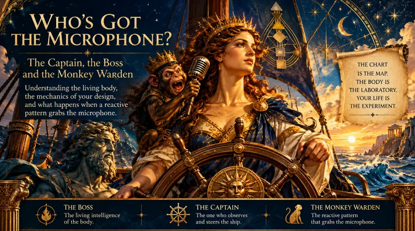 A crowned woman steers an ornate ship beneath a star-filled sky while a mischievous monkey holds a vintage microphone. The navy-and-gold mythological illustration introduces the Captain, the Boss, and the Monkey Warden in a teaching about the body's signals and reactive patterns.